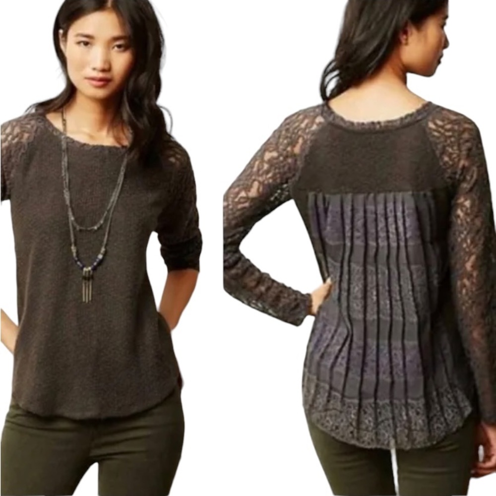 Anthropologie One September Lace Sleeve Sweater Scoop Bottom Lacey Pleated Back